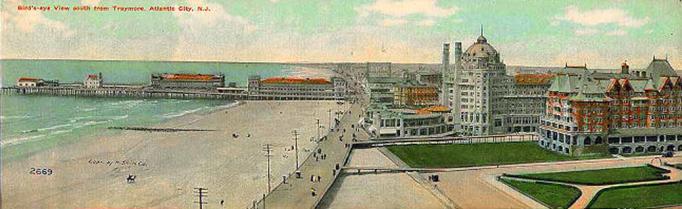 Atlantic City - Double wide card showing birds eye view from the Traymore Hotel