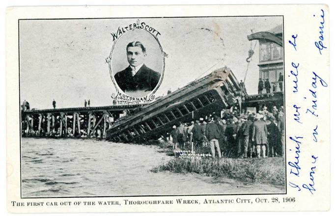 Atlantic City - Thoroughfare Train wreck - First car out of the water - Oct 28 1906
