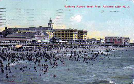 Atlantic City - Wide view of beach bathers and Steel Pier - 1910