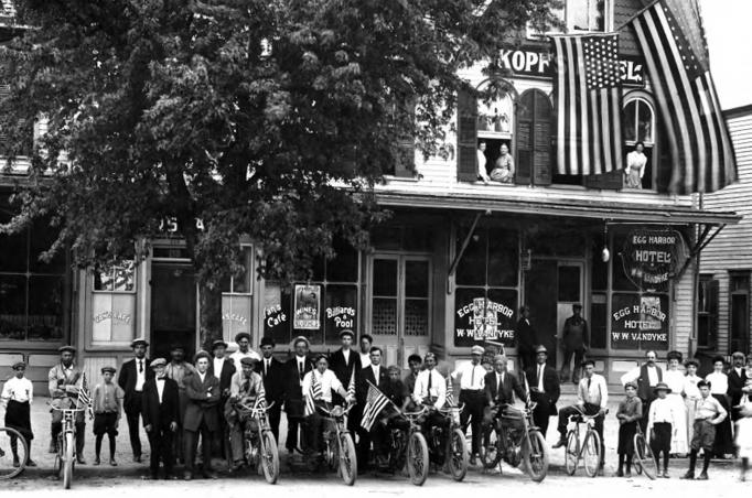 Egg Harbor City - The Catfish Alley Guys and their motorcycles in front of Vans and the Egg Harbor Hotel - 1911 - EHC.jpg 