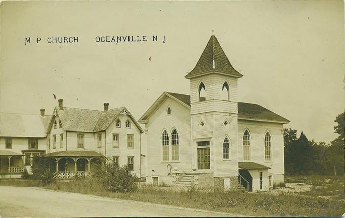 Oceanville - Methodist Protestant Church and 2 homes on Main Street - M H Kirscht - c 1910