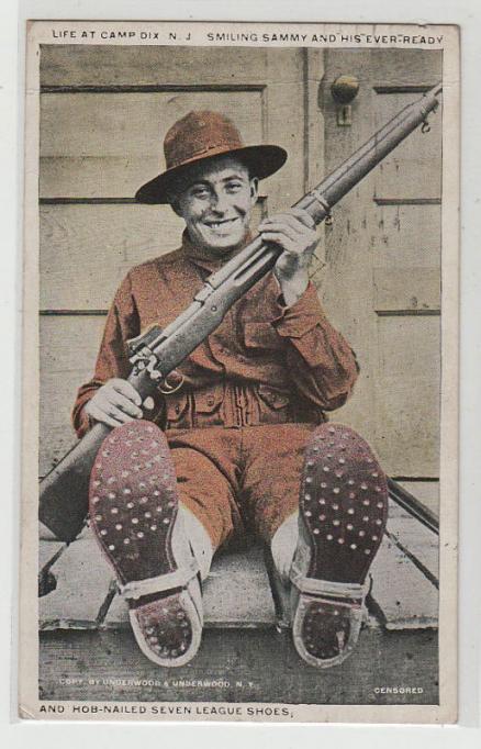 Camp Dix - Smiling Sammy with his rifle and hob nailed boots - ww1