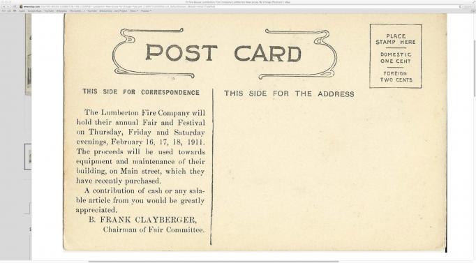 Lumerton- - Fire company card back - 1911