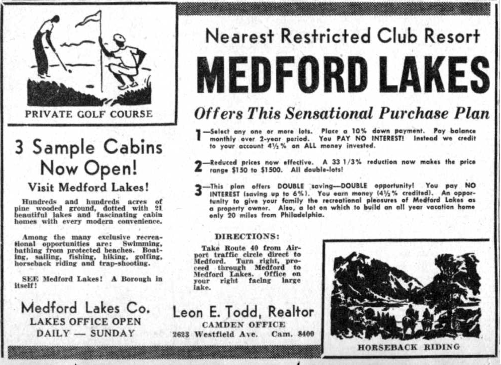 Medford Lakes Advert - 1941 - Courier Post - Phil Cohen