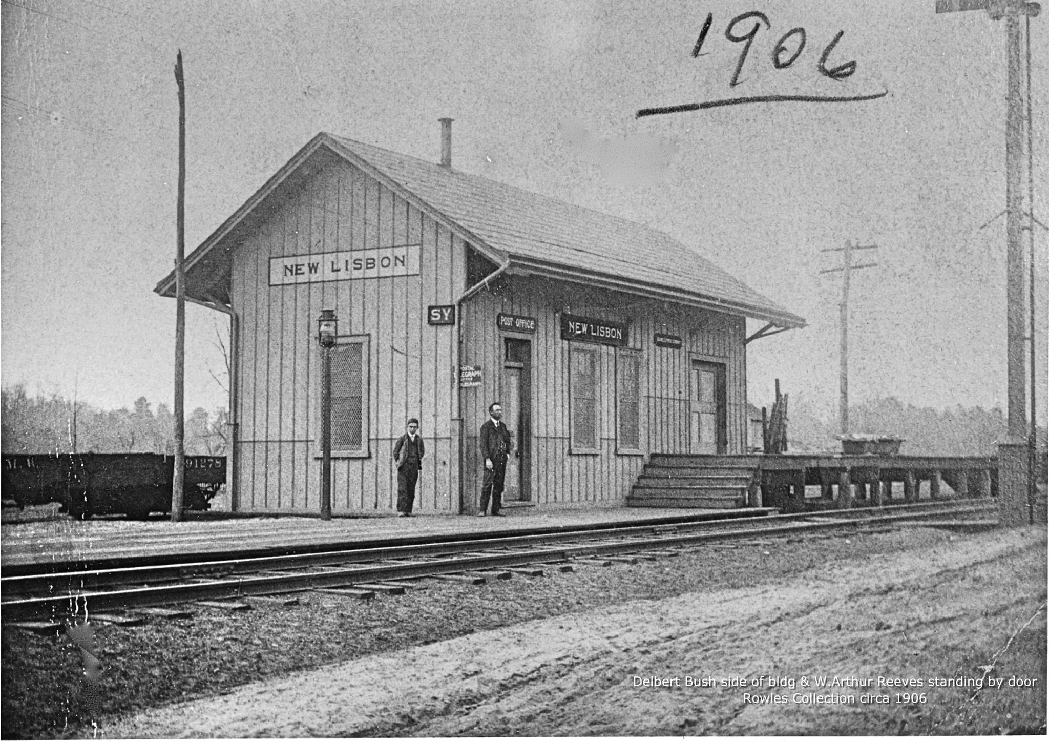 New Lisbon - Burlington County - New Lisbon Rail Road station, Post office and Postal Telegraph - Part of the PRR Birmingham Branch - Delbert Bush smaller man on side and W Arthur Reeves standing by the door - c 1906 - Alan Rowles