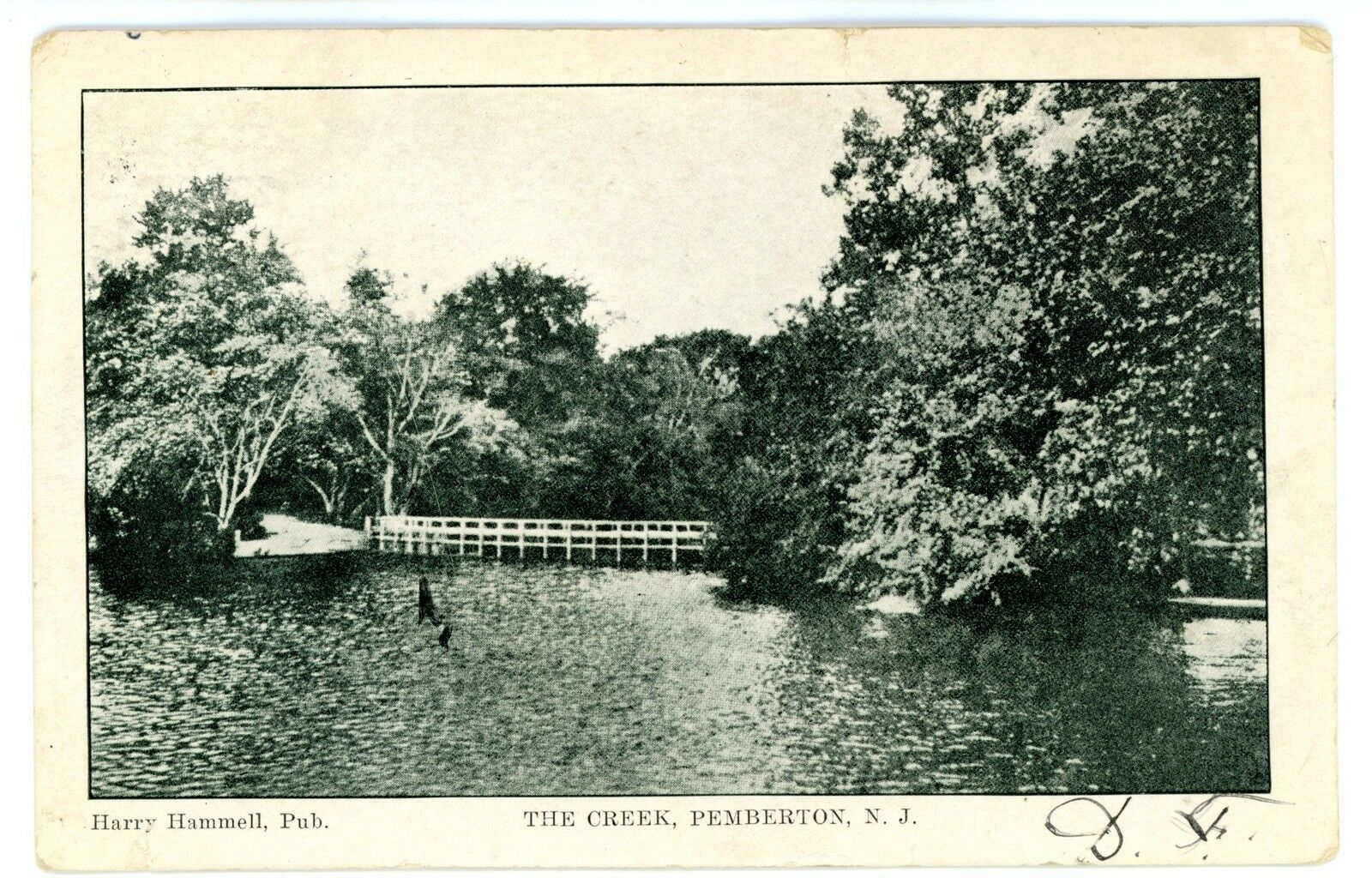 Pemberton - Apparently the North Branch of Rancocas Creek with what looks like a bridge across it - Harry Hammell - c 1910