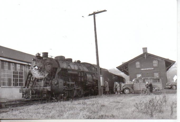 Branchville - Dl and W Depot with locomotive and car and bicycle