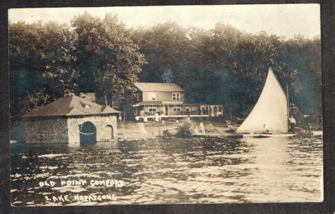 Lake Hopatcong - Old Point comfort Inn and Boathouse and a passing sailboat - 1911