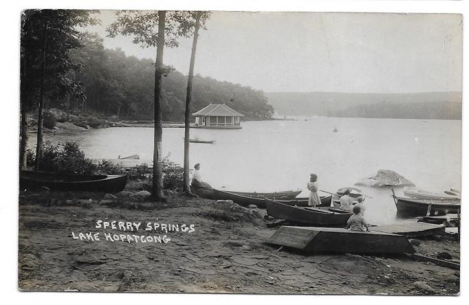 Lake Hopatcong - Sperry Springs - View of boats boathouse and the lake - c 1910