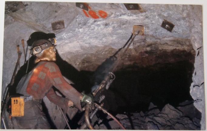 Ogdensburg - Rock bolting in under cut pillar - Sterling Hill Mine - 1970s