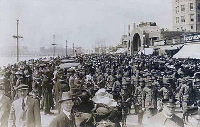 Atlantic City - WWI soldiers on Boardwalk with four unidentified civilians in foreground - around 1917-18