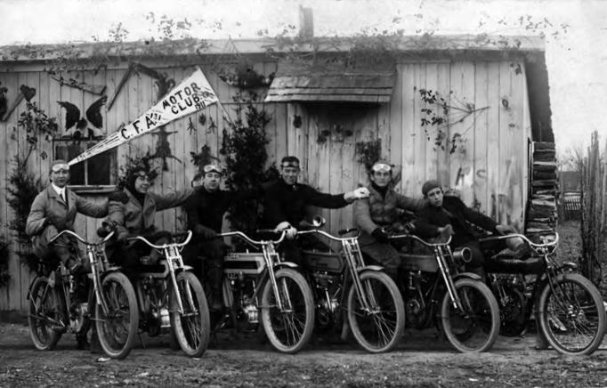 Egg Harbor City - Members of the Catfish Alley Motor Club posed on motorcycles outside of their clubhouse. All are attired for riding. From left to right- John Husta Frank Shorp Henry Shorp William Senn Jake Kurtz Sal Zito - 1911 - EHC