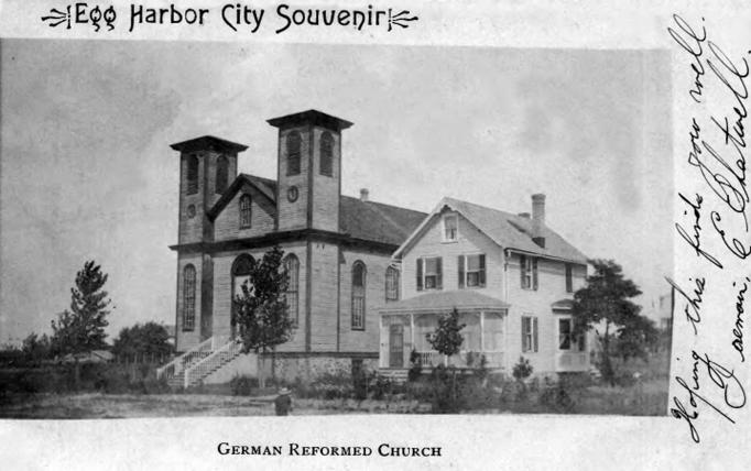 Egg Harbor City - St. John's German Reformed Church and parsonage depicts the 300-block of Washington Ave - c 1905