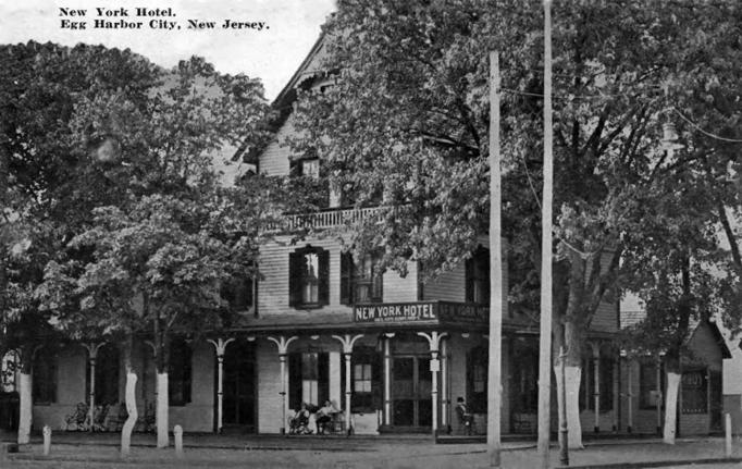 Egg Harbor City - The New York Hotel -  Corner property was opposite the railroad station on Atlantic Avenue in Egg Harbor City, NJ. Signage indicates Mrs. Kate Kumpf was the proprietor - 1912 - EHC