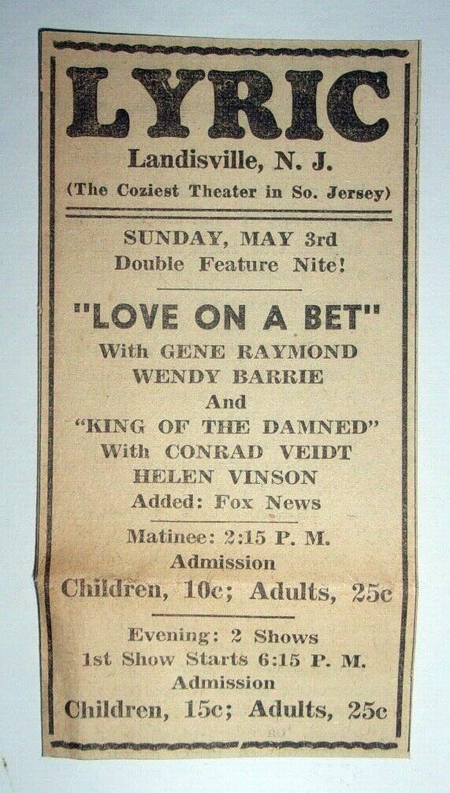 Landisville - Advertisement for the Lyric Theater - 1936