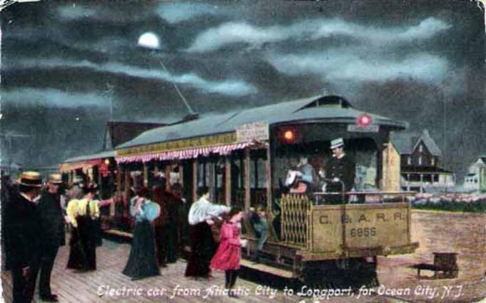 Longport - Electric Trolley to Ocean City at night - 1905