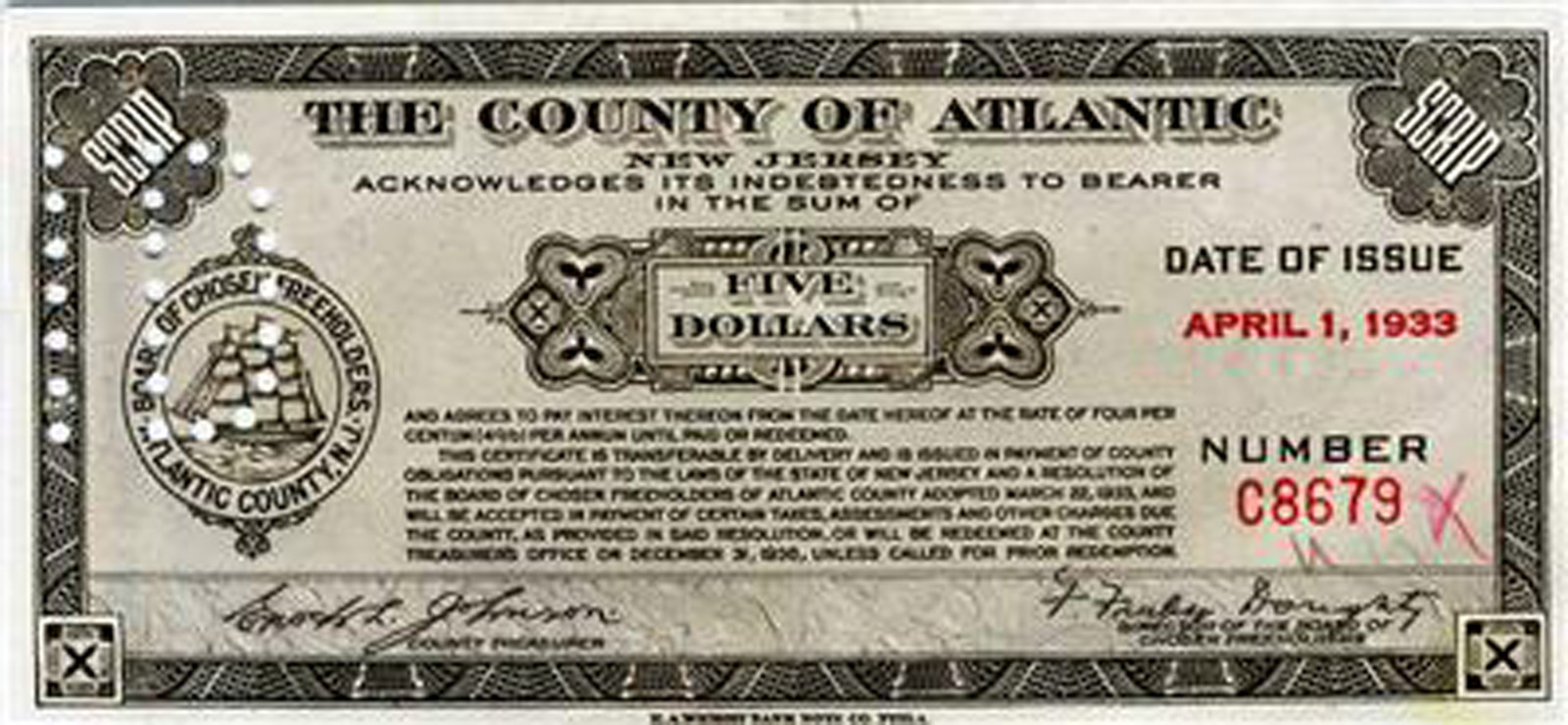 Mays Landing - Atlantic County 5 dollar scrip - 1933