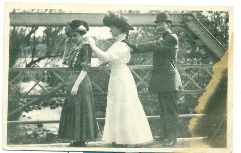 Burlington - Two women and a man on a bridge - c 1910