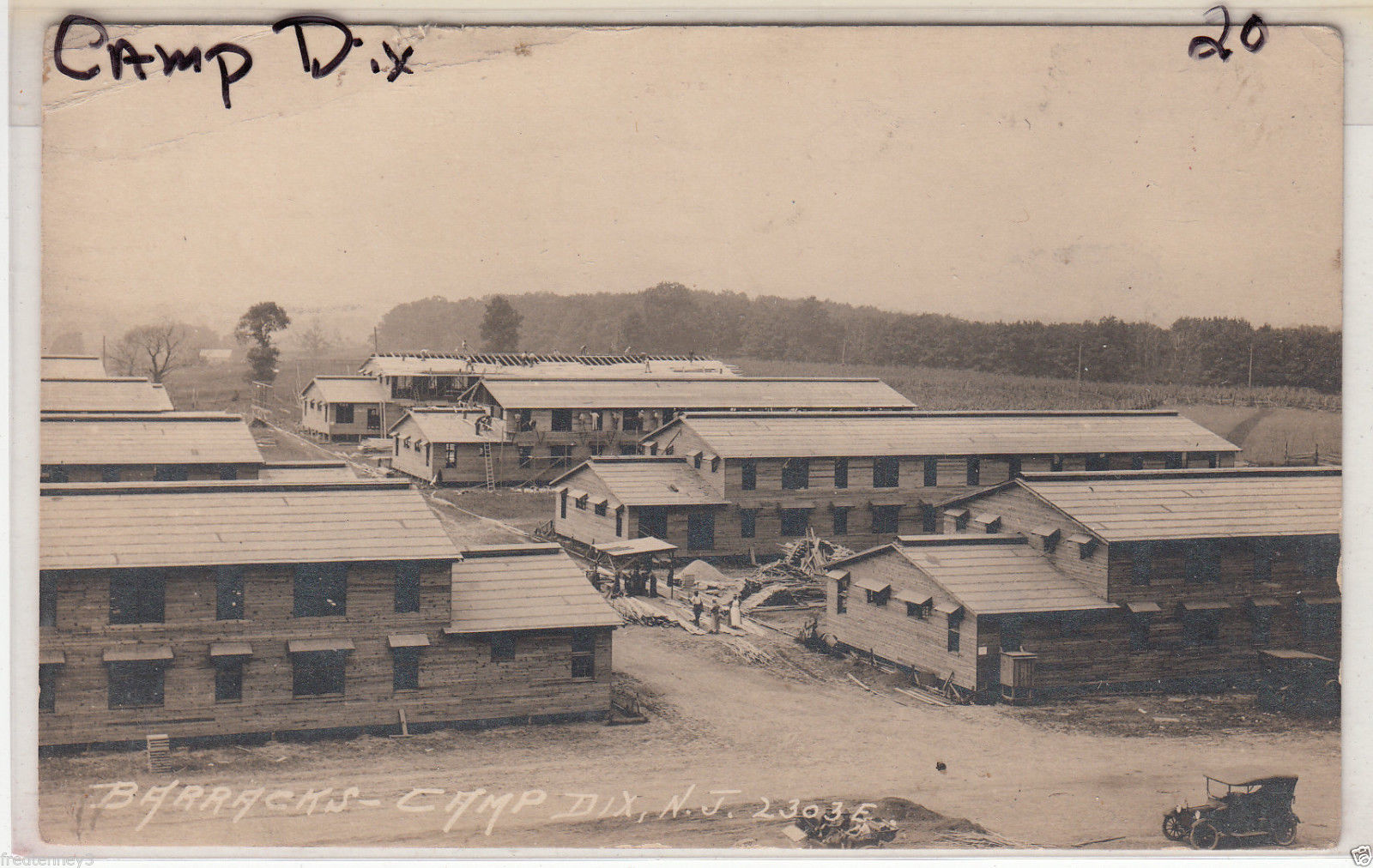 Camp Dix - Buildings at Camp Dix with the Pine Barrens right beyond - c 1917-18