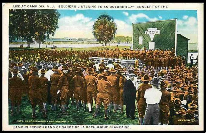 Camp Dix - Soldiers listen to an outdor concert performance by a French Military band put on by the YMCA - c 1917-19