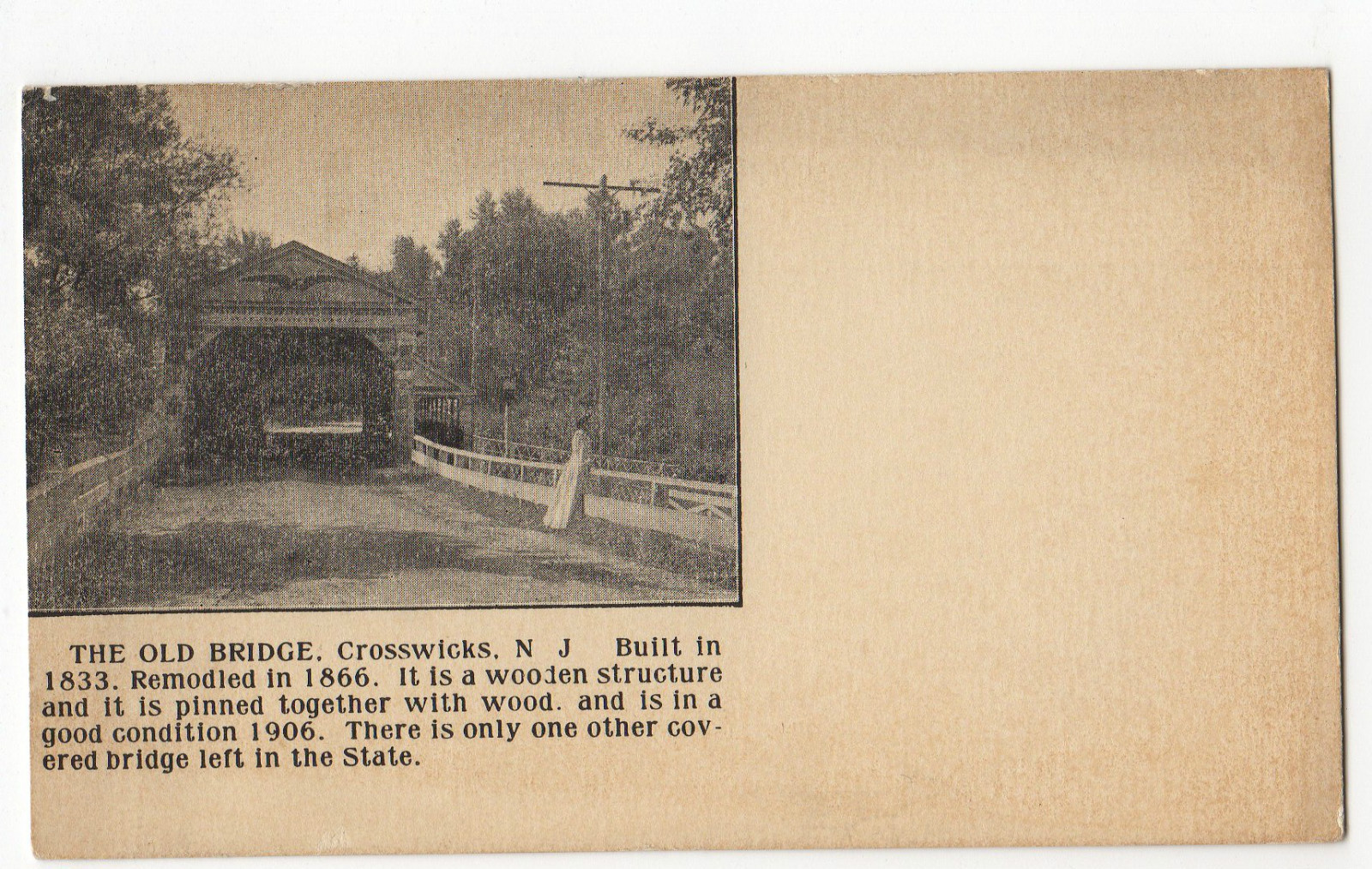 Crosswicks - head on view of the old covered bridge - 1908