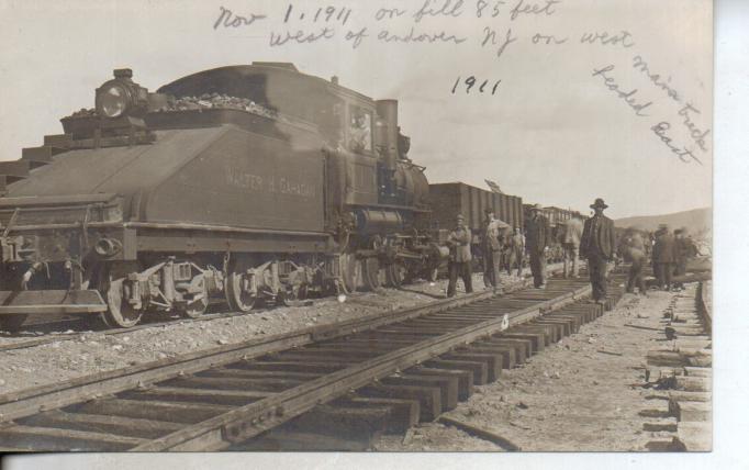 Andover vicinity - DL and W Lackawanna Cutoff - Gahagan Steam engine and men on fill - By Joseph Baily - 1911
