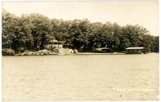Lake Hopatcong - Cottages and boathouse along the shore - W J Harris - c 1910